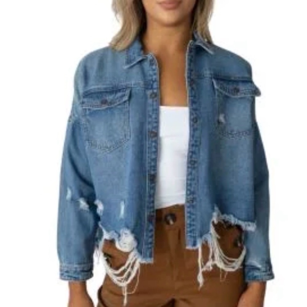 GB Blue Denim Distressed Jacket size Large